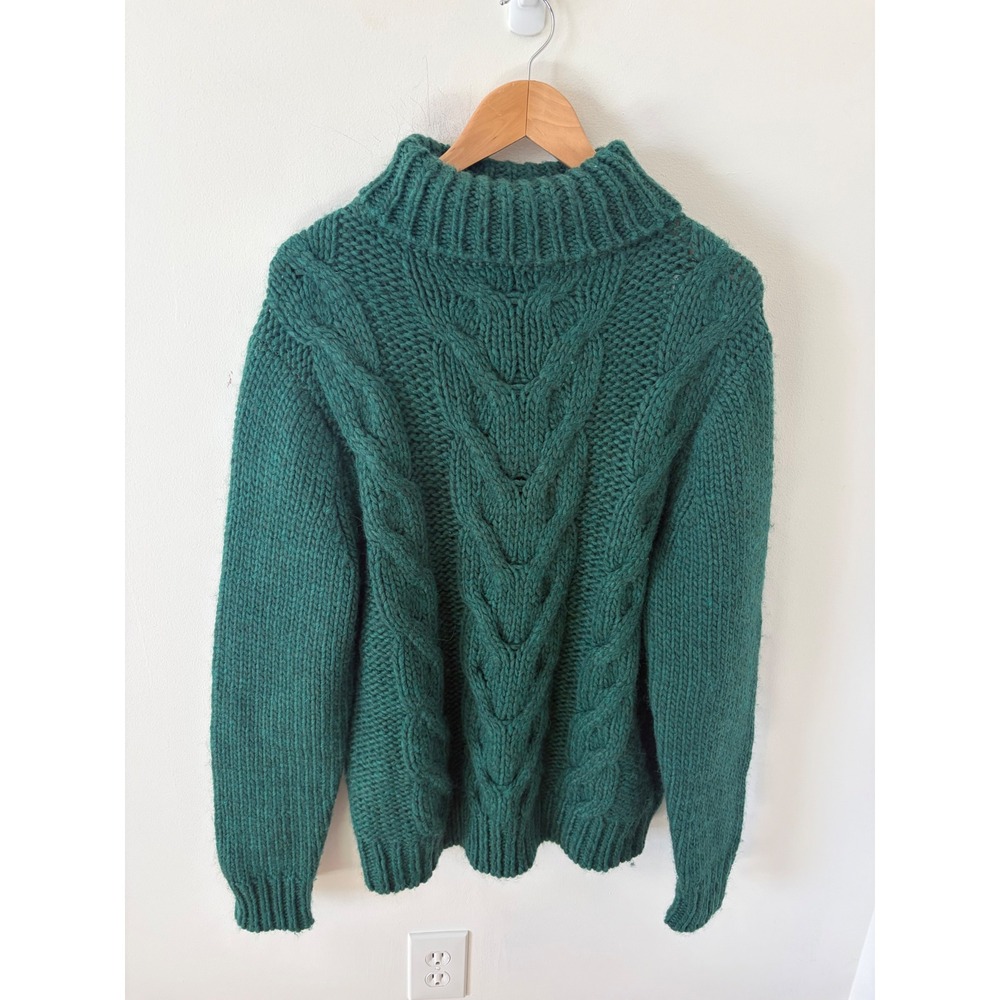 J.Crew Hand Knit Wool Alpaca Cable Knit Mock Neck Sweater Forest Green Large